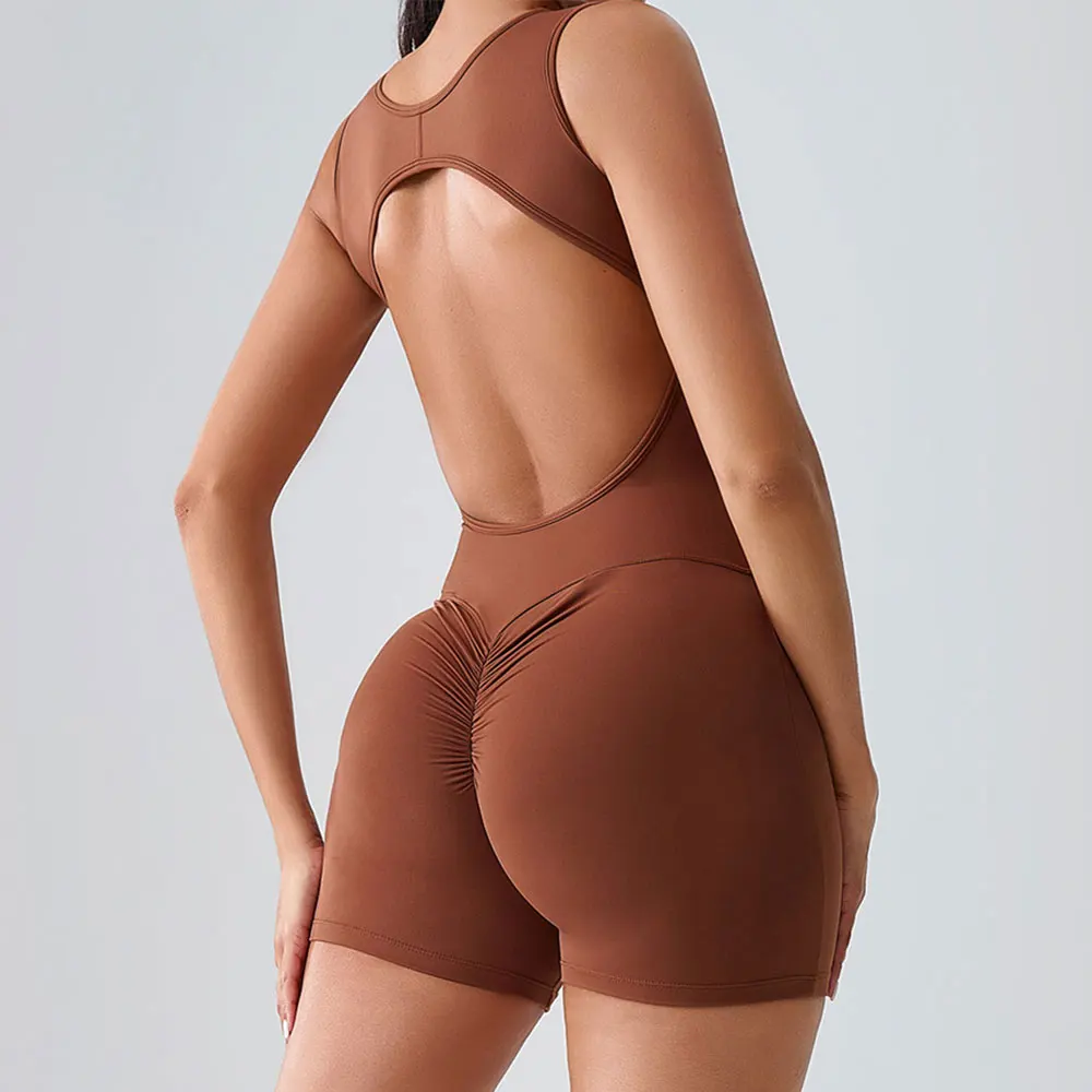 Sleeveles Bodysuits Women Gym Push Up Workout Clothes Backless Scrunch Fitness Sports Yoga Bodysuit Shorts One-Piece Yoga Suit