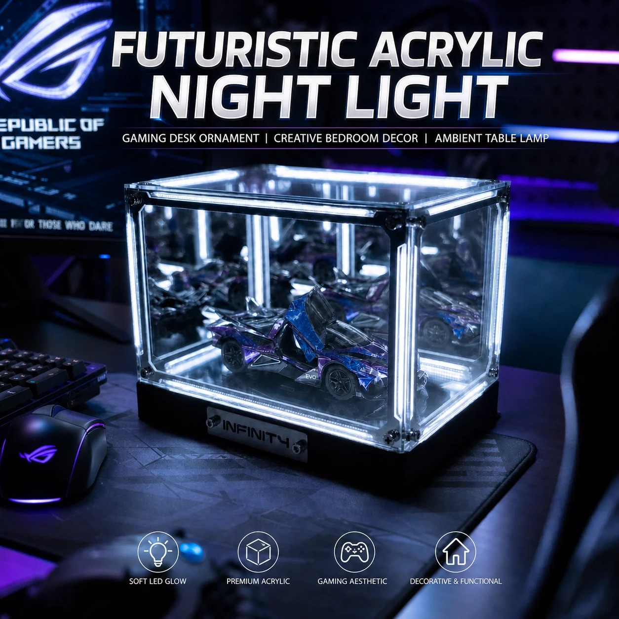 WWPPU Futuristic Acrylic Table Lamp LED Display Case Model Car Figurine Showcase Premium Desk Light Geek Room Decor Items