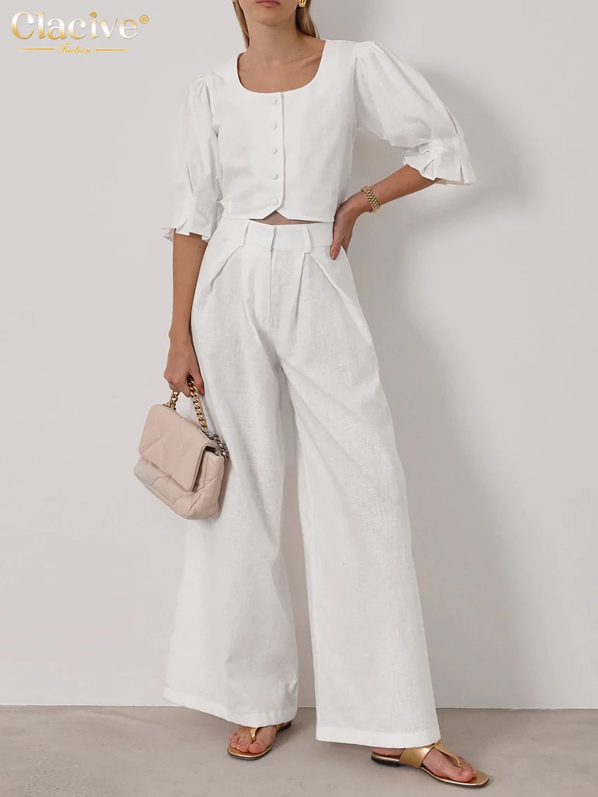 

Clacive Summer Loose White Linen Women's Two Pieces Set 2025 Fashion Half Sleeve Crop Top With High Waist Wide Pants Set Female