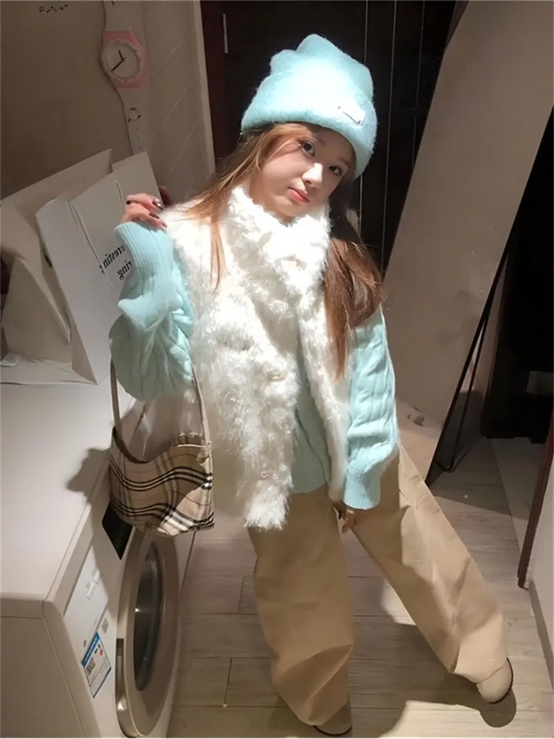 Trendy Korean Style Women's Knitted Long Sleeve Vest Jacket Two-Piece Set Sweet Girl Fluffy Twist Autumn Winter Fashion Ensemble