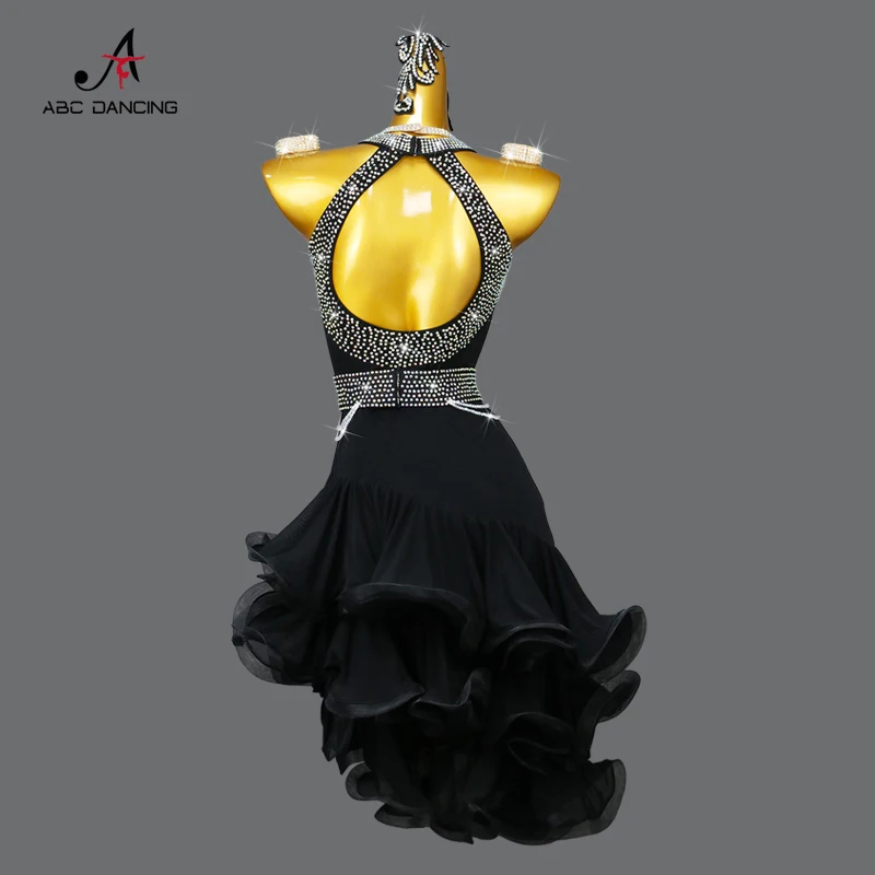 Novo preto vestido de competição de dança latina sexy feminino halter roupas meninas trajes de salão usar bodycon saia curta personalizado