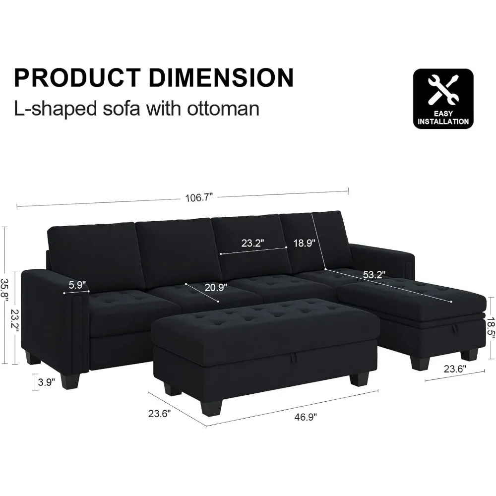 Velvet Convertible 4-Seat Sectional Sofa with Reversible Chaise L Shaped Sofa Couch Furniture Sets