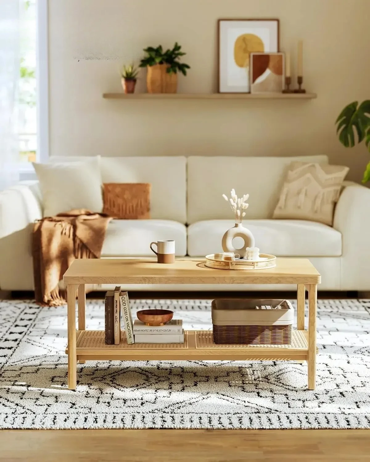 

Rounded Corners，2-Tier Coffee Table for Living Room, Living Room Table Rectangular Center Table, with PVC Rattan Storage Shelf