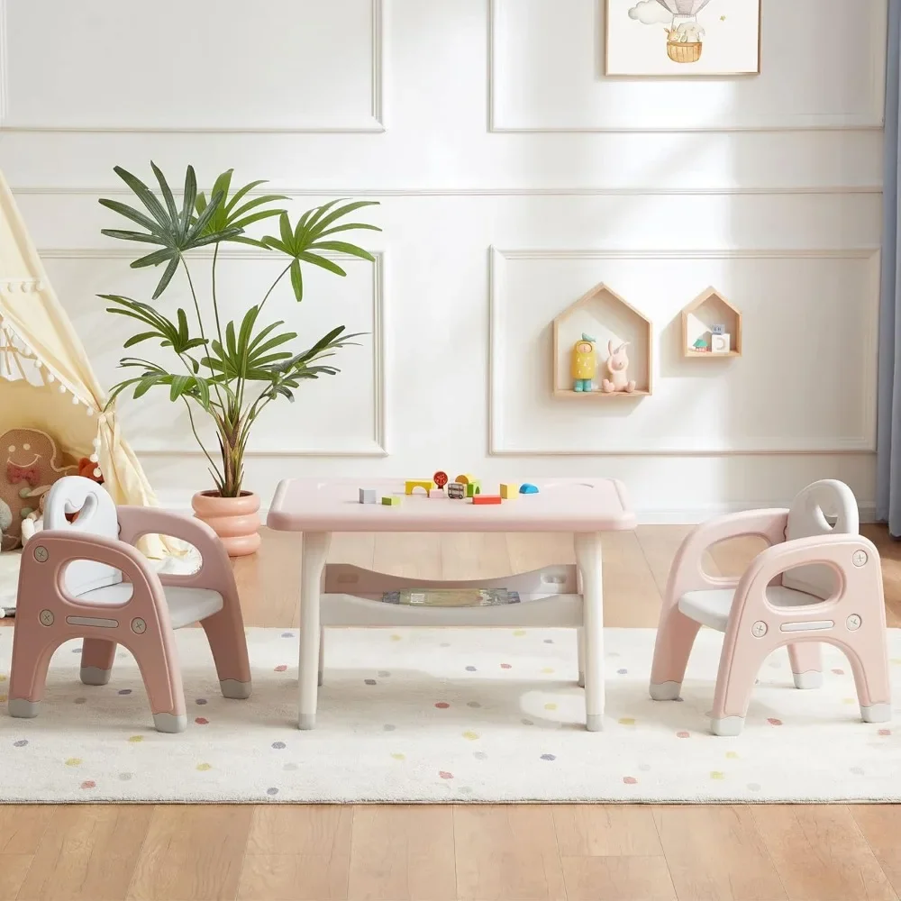 Conjunto de mesa e 2 cadeiras infantis, grande armazenamento embutido, conjunto de mesa e cadeiras montessori para crianças, mesa de atividades infantis para desenho