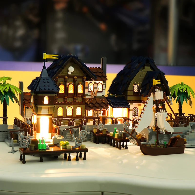 Arquitectura Medieval, muelle, puerto comercial, velero, transporte, barco, bloques de construcción, paisaje urbano, modelo, ladrillos, juguete Compatible con LEGO