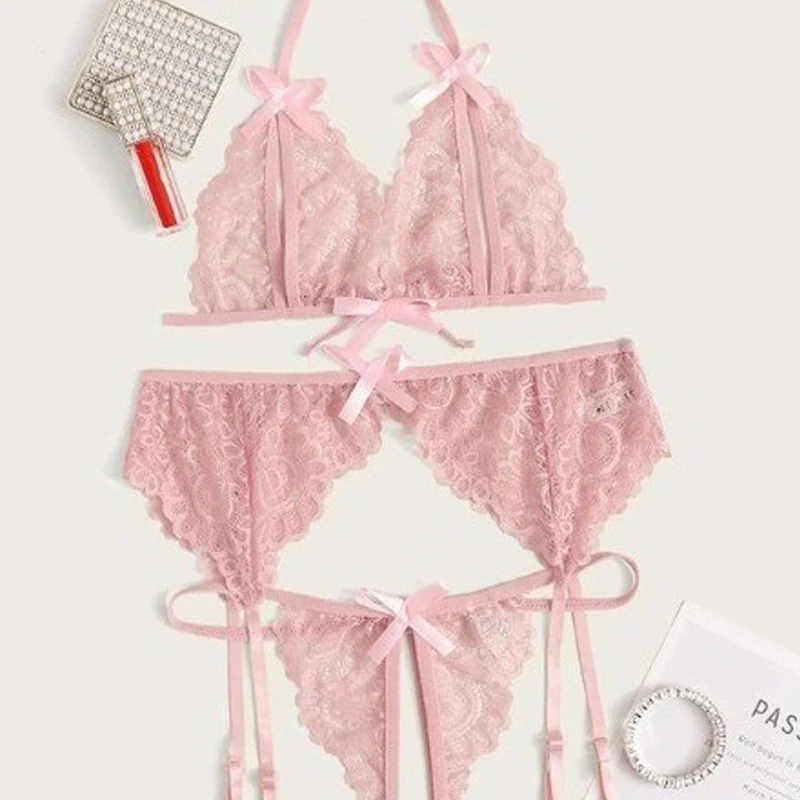 

Bra for Women Ladies Sleepwear Sexy Bras Women's Home Wear Split Pajamas Pink Lace Halter Strap Butterfly Underwear Set Corset