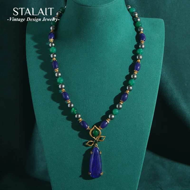 

Long Blue Natural Stone Pendant Necklaces Vintage Beaded Chain Lapis Lazuli With Gary Pearl Luxury Designer Jewelry Mothers Day