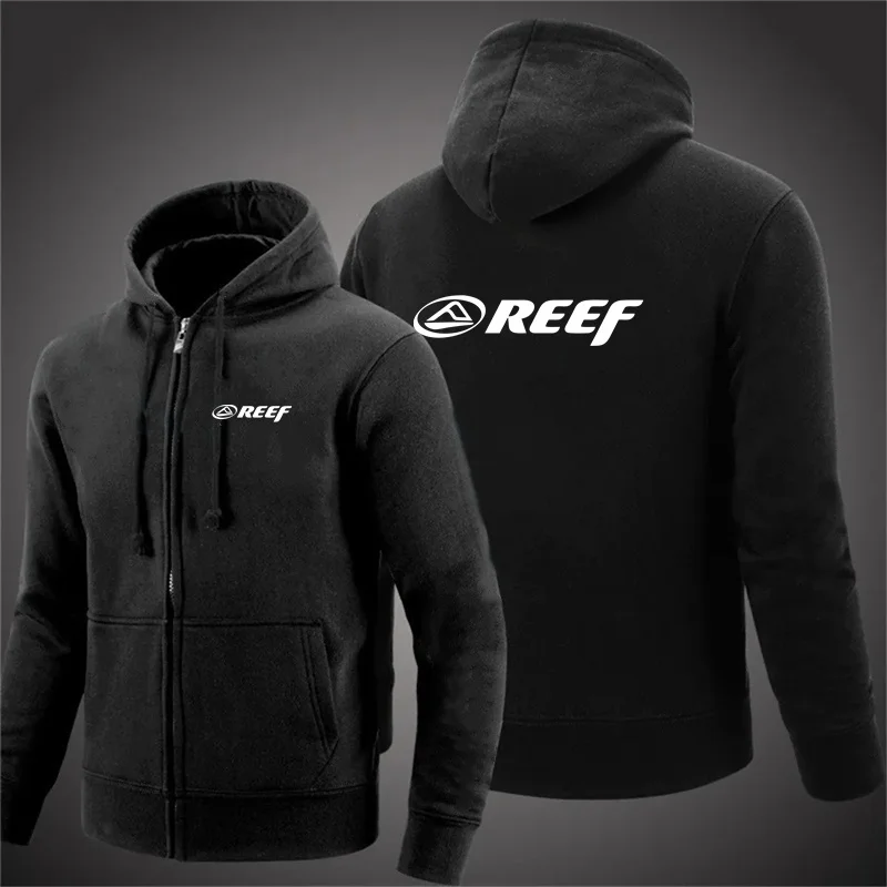 Reef cárdigan con capucha para hombre, chaqueta Jacquard con bolsillo y cremallera, deportes, Fitness, ocio al aire libre, correr, ropa deportiva de Color sólido