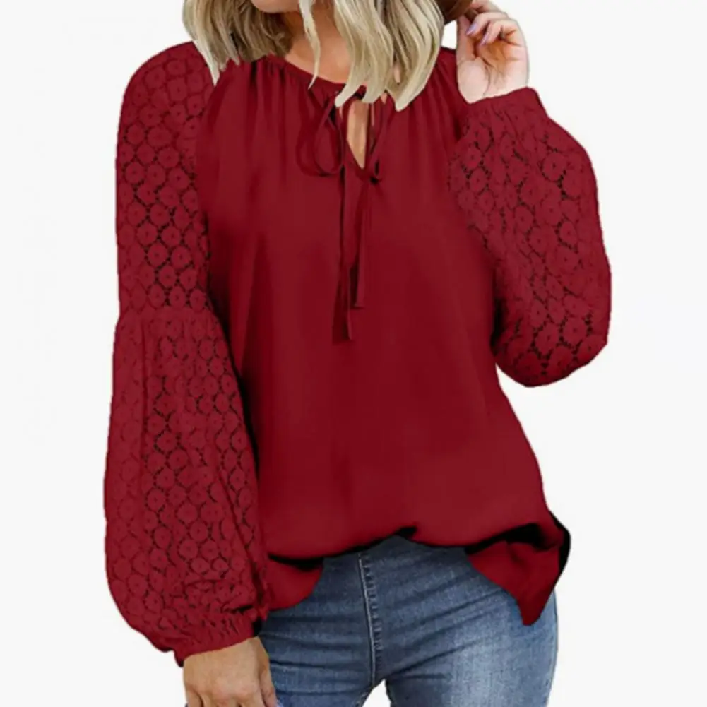 Women Spring Fall Shirt Hollow Out Lace Long Sleeve Solid Color Patchwork Lantern Sleeve Lace Up Strap Round Neck Commute Blouse