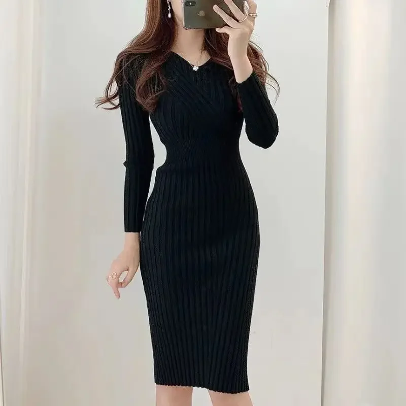 Primavera Nuovo pacchetto di maglieria vintage anca elegante signora maglieria elasticità donna autunno inverno lungo abito aderente coreano Y2k ssi