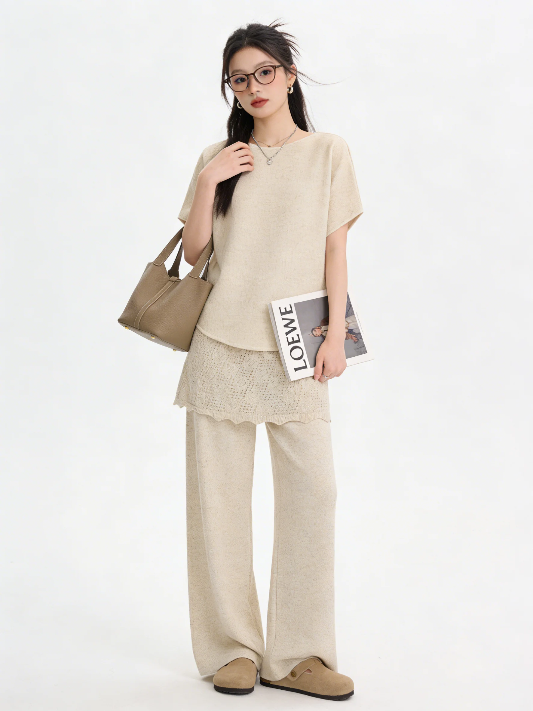 

Cherry Blossom Soft Versatile Korean Style Short Sleeve Knitted Top Wide Leg Pants Women Summer Two Piece Set Draping Slimmin...