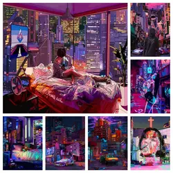 Night Neon City Street Anime 5D DIY Diamond Painting Mosaic Rhinestone Embroidery Cross Stitch Handicraft Kawaii Home Decor