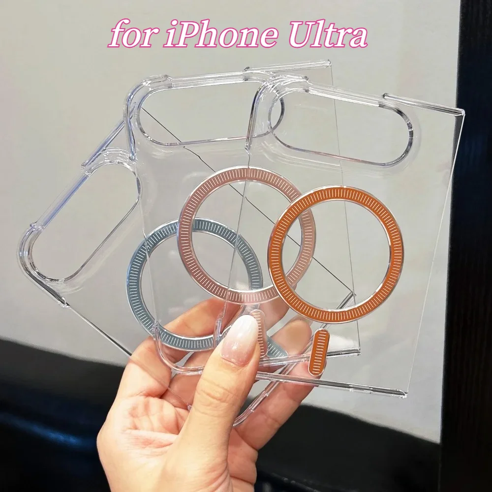 Coque de téléphone en acrylique rigide transparente ultra-fine et simple de luxe pour iPhone Dou18 Fold compatible avec Magsafe, protection contre les chocs, coque arrière.
