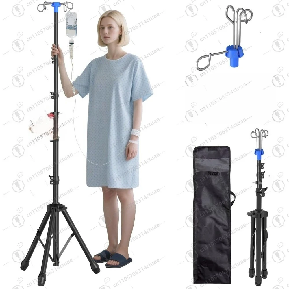 Portable IV Pole Foldable Adjustable Height Telescoping Floor Stand with 4 Hooks for Home Care Hospital Clinic