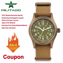 Militado ML05 Vintage Watch VH31 Quartz Movement Military Field Watches Sapphire Crystal With High Clear AR Coating WristwatchW
