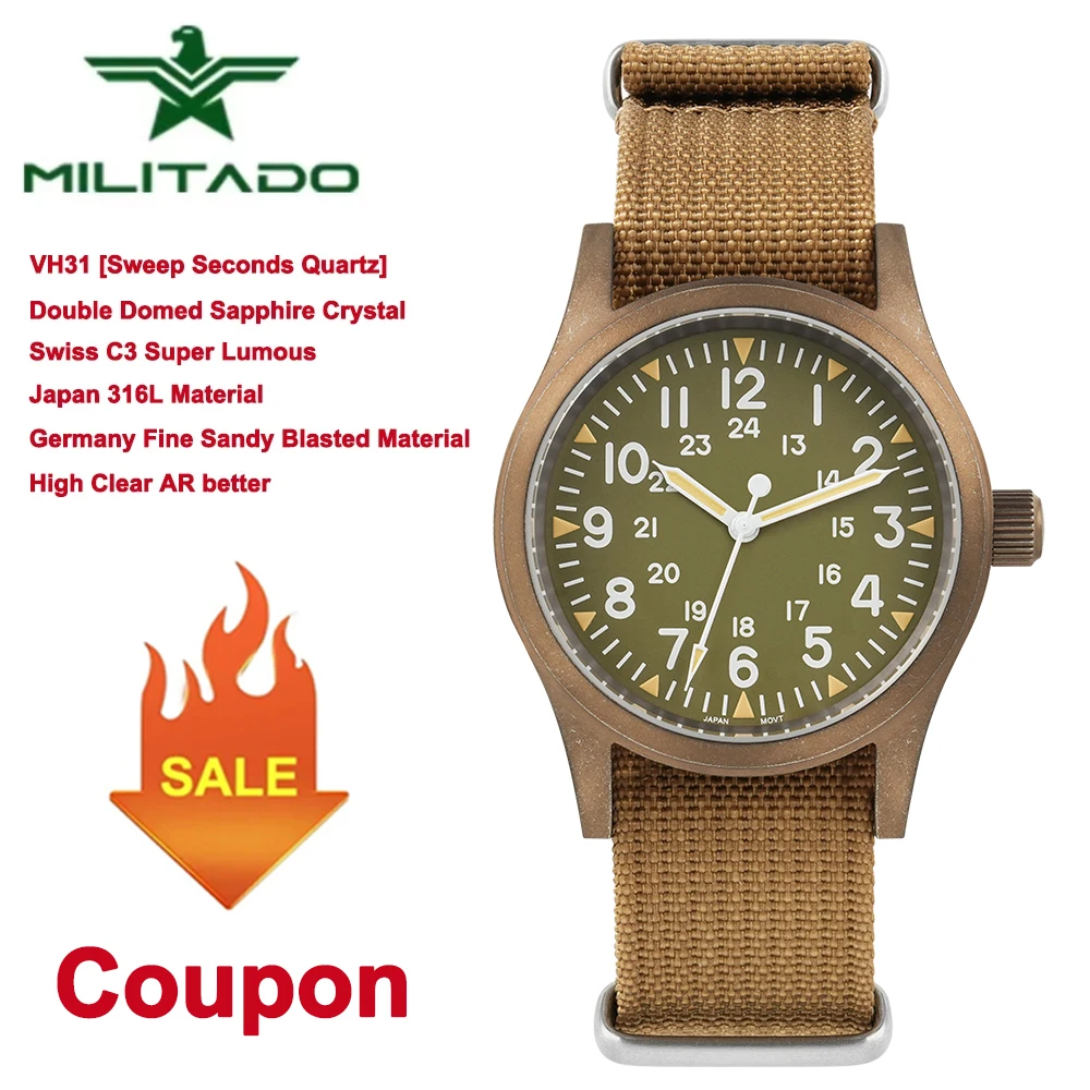 Militado ML05 Vintage Watch VH31 Quartz Movement Military Field Watches Sapphire Crystal With High Clear AR Coating WristwatchW