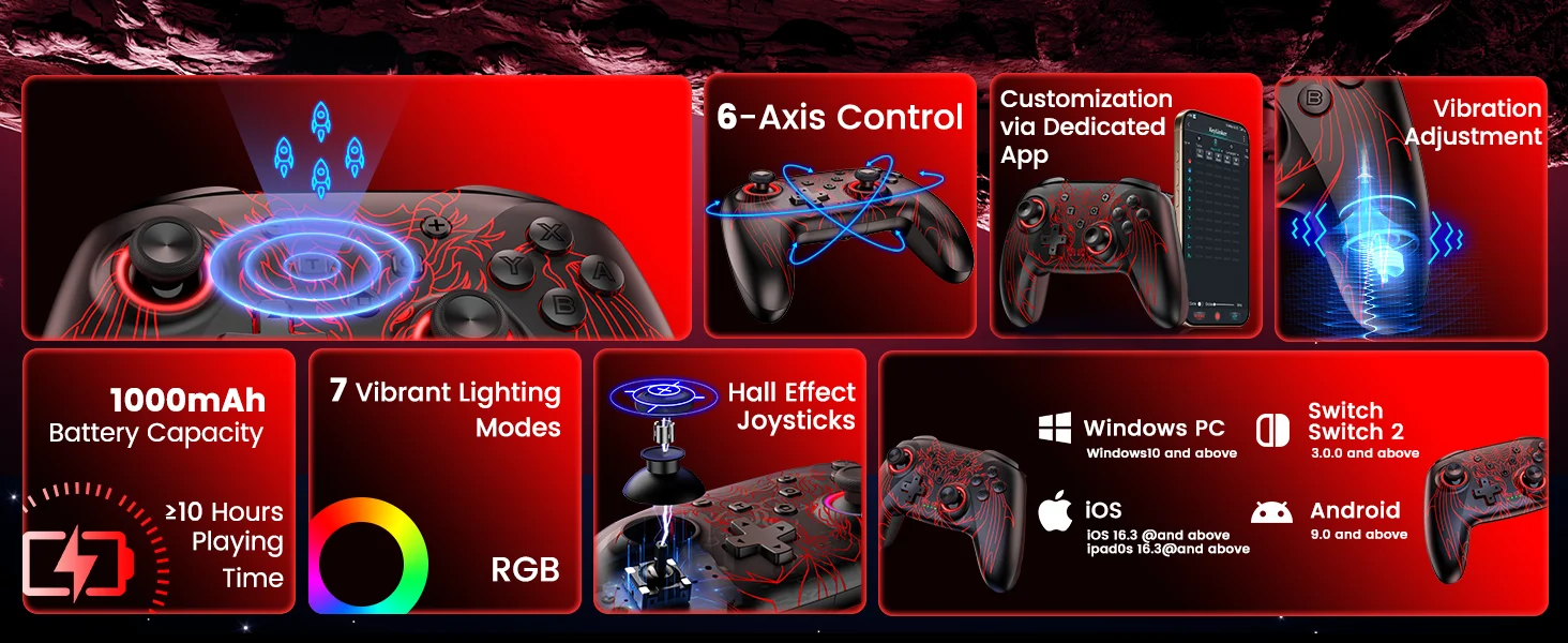 Dinofire Wireless Bluetooth RGB Controller for Nintendo Switch/Switch OLED/Lite Mobile Wired PC Gamepad Multi-Function Joystick