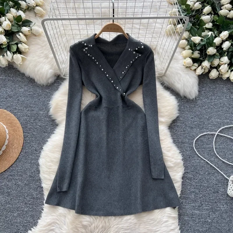 Sweet Beading Turn-down Collar Long Sleeve Dress Women French Style Elegant Slim Knit Robe 2024 Autumn Winter Casual Vestidos