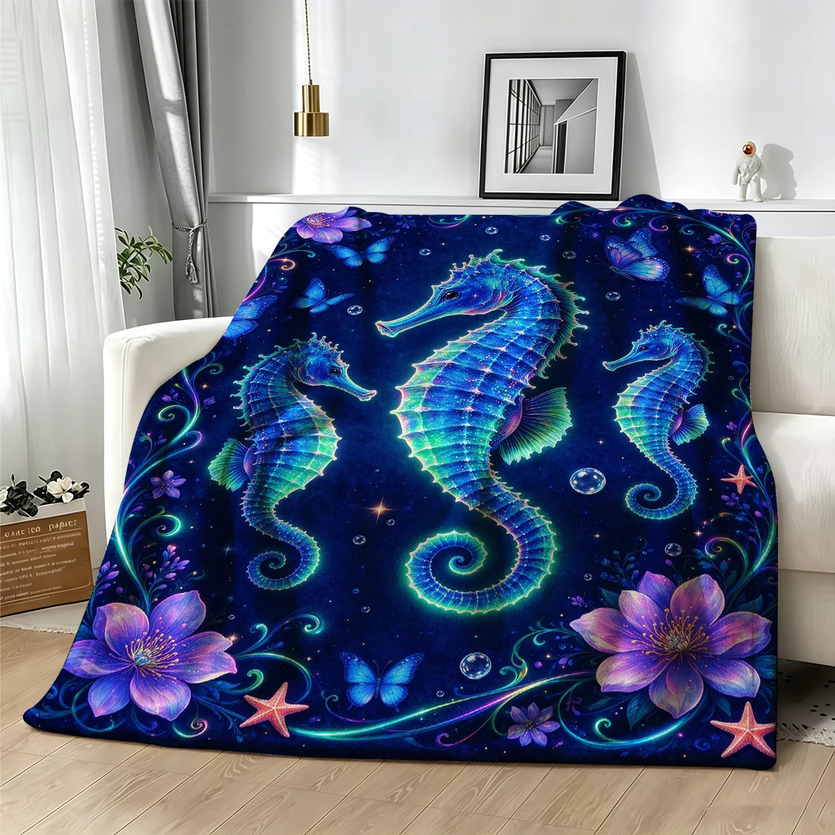 Neon Blue Green Seahorse Flannel Blanket Warm Soft Halloween Christmas Decorative Couch Warm Cozy All-Season Gift - view 5