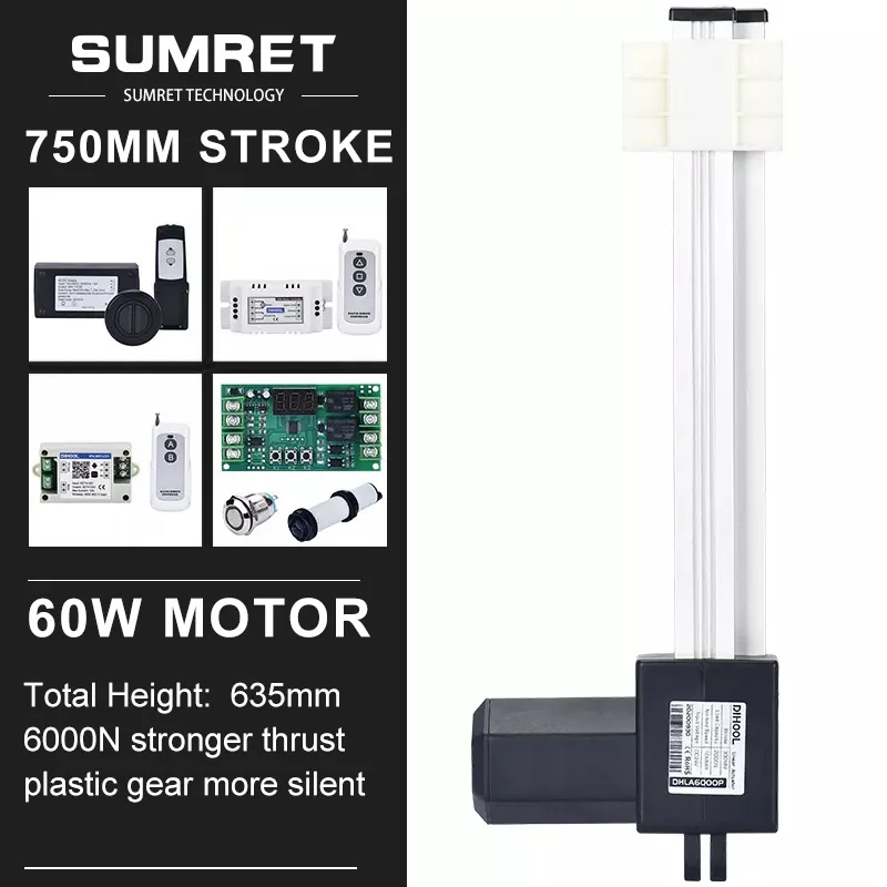 

750mm Stroke Electric Linear Actuator Kit DC 12V 24V Motor RF Remote Control Reciprocating Motion Wireless Controller 6000N