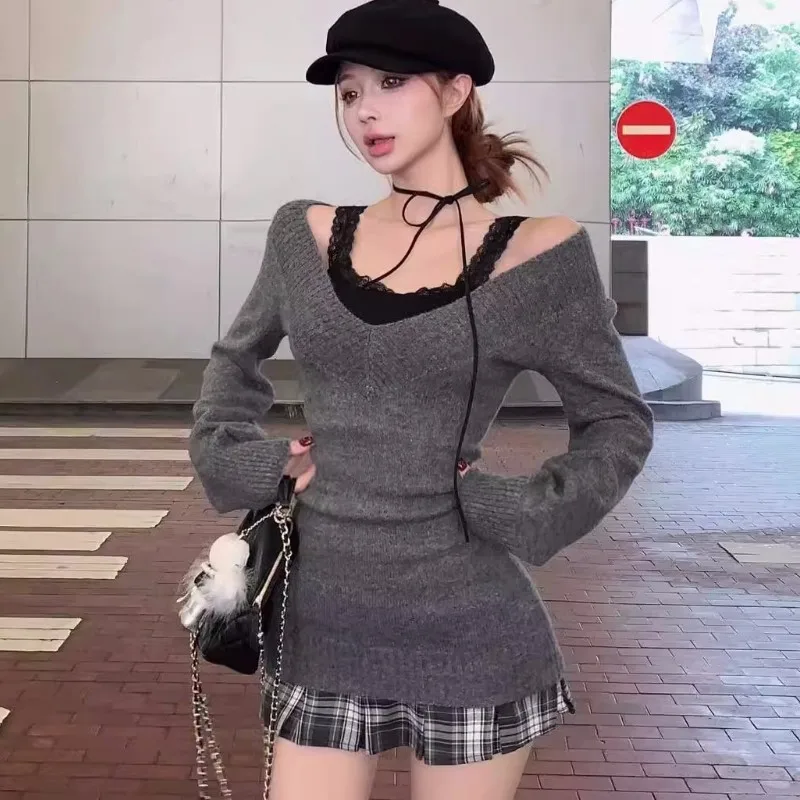 Autumn Winter Woman Gyaru V-neck French Vintage Sweater Long Sleeve Pullover Knitwear Mini Skirt 2000s Aesthetic 3-piece Outfits