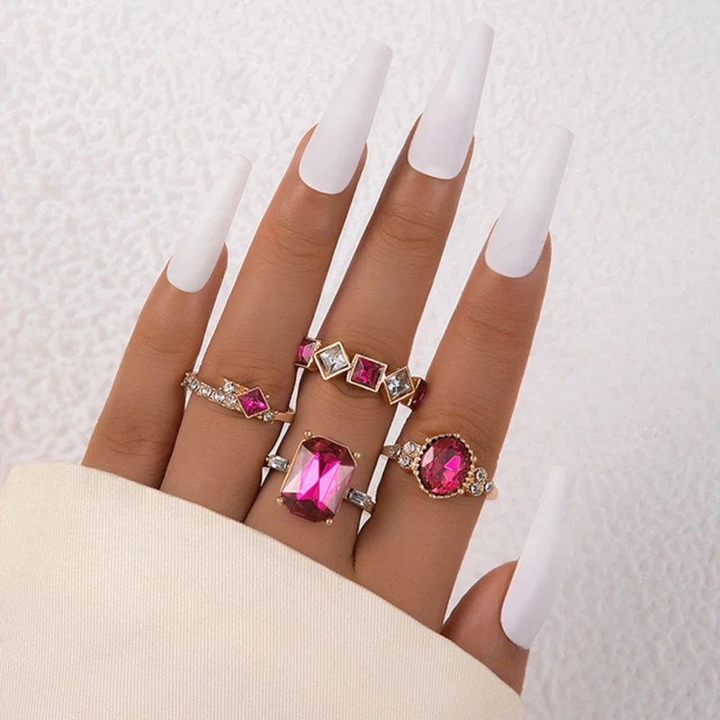 Tocona Simple Irregular Geometric Crystal Stone Joint Ring Set for Women Vintage Alloy Brink Ring Four Pieces Set кольцо 23643