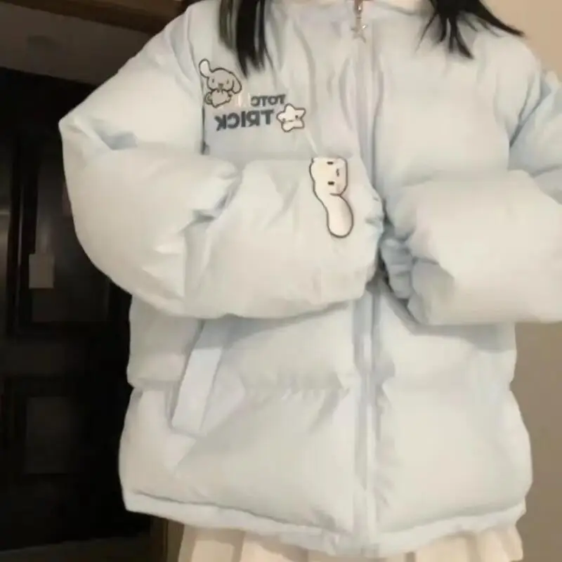 

Женский зимний утепленный пуховик с рисунком Cinnamoroll Sanrios, хлопковая одежда, пальто с капюшоном в стиле аниме, теплые милые топы, свободные свободные топы для отдыха