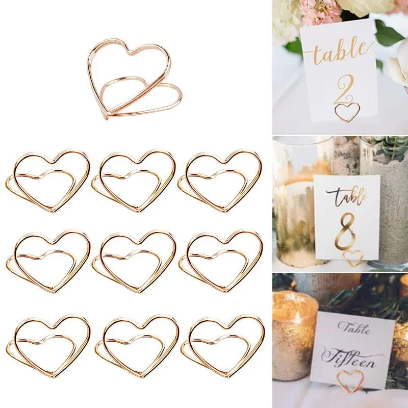 15/10Pc Metal Memo Holder Table Double Layer Heart Shape Placecard Holder Stand Wedding Banquet Double Heart Ring Message Holder