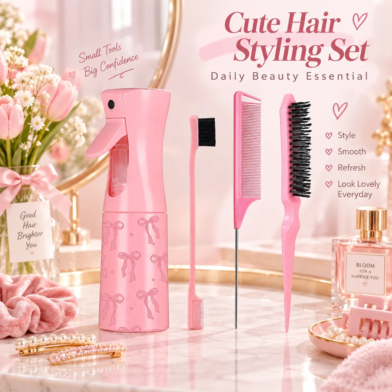 4Pcs Hair Styling Tools Set Portable Hair Care Kit Fine Mist Spray Bottle Edge Brush Rat Tail Comb Teasing Brush Travel Beauty
