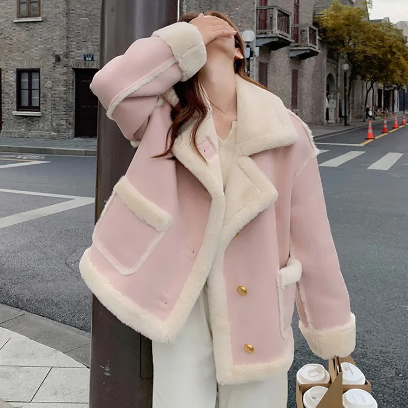 Pink cashmere jacket for women short winter fur solid color loose splicing long sleeves small Korean version thickened new style