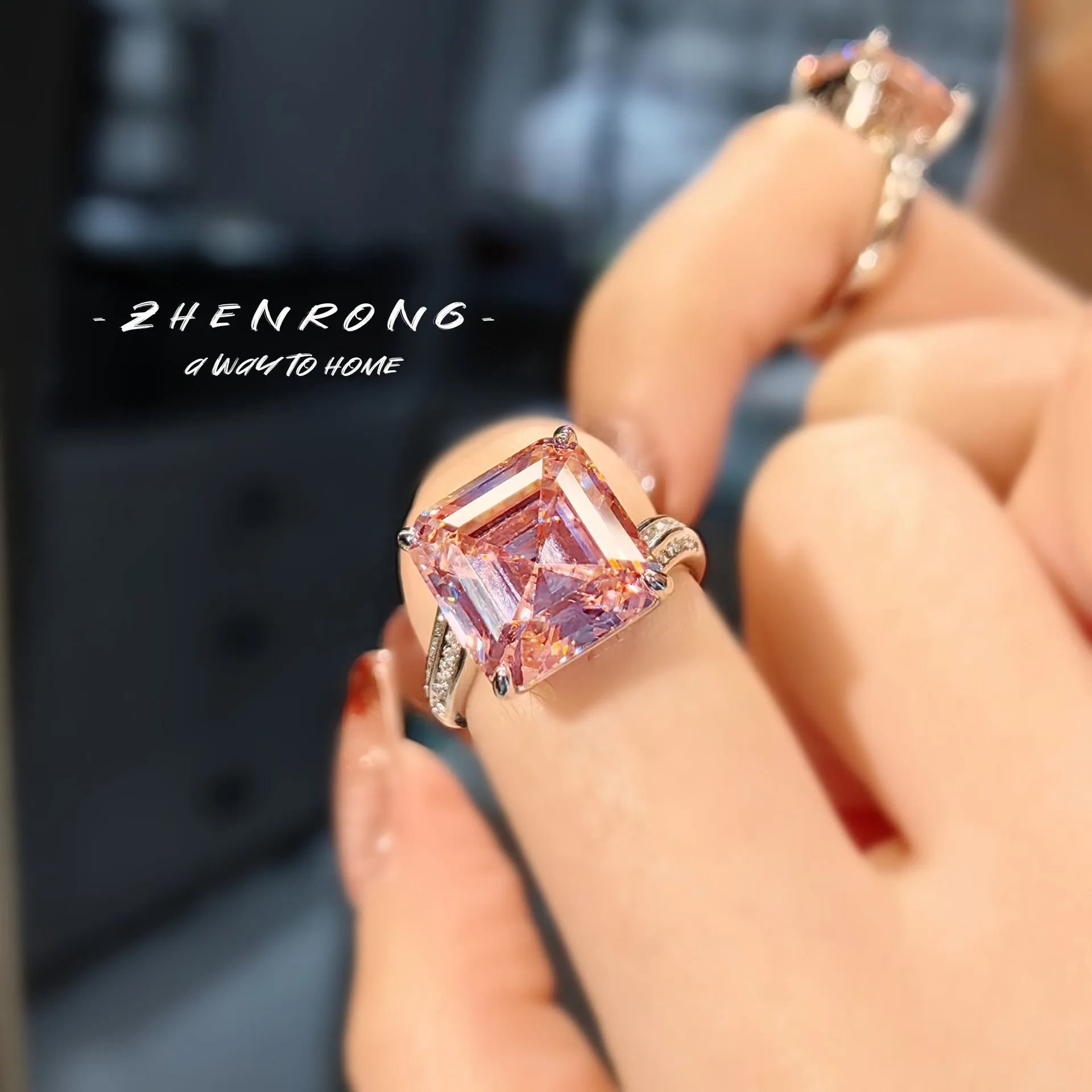 Heavy Industry Luxury Inlaid Princess Square Deep Pink High-end High Carbon Diamond Women's Ring, Party Wearing Jewelry