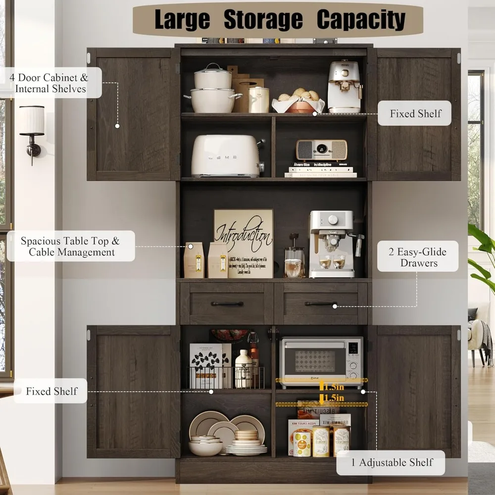 71“ Tall Kitchen Pantry Storage Cabinet, Modern Kitchen Hutch Bar Cabinet with Microwave Stand, Dark Brown, Kitchen Cabinets