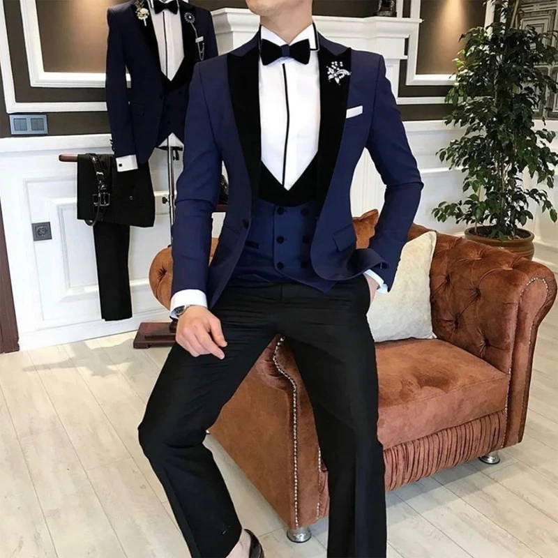 

Navy Blue Wedding Suits Men Slim Fit Tuxedo 3 Pieces Male Fashion Jacket with Black Pants Double Breasted Waistcoat