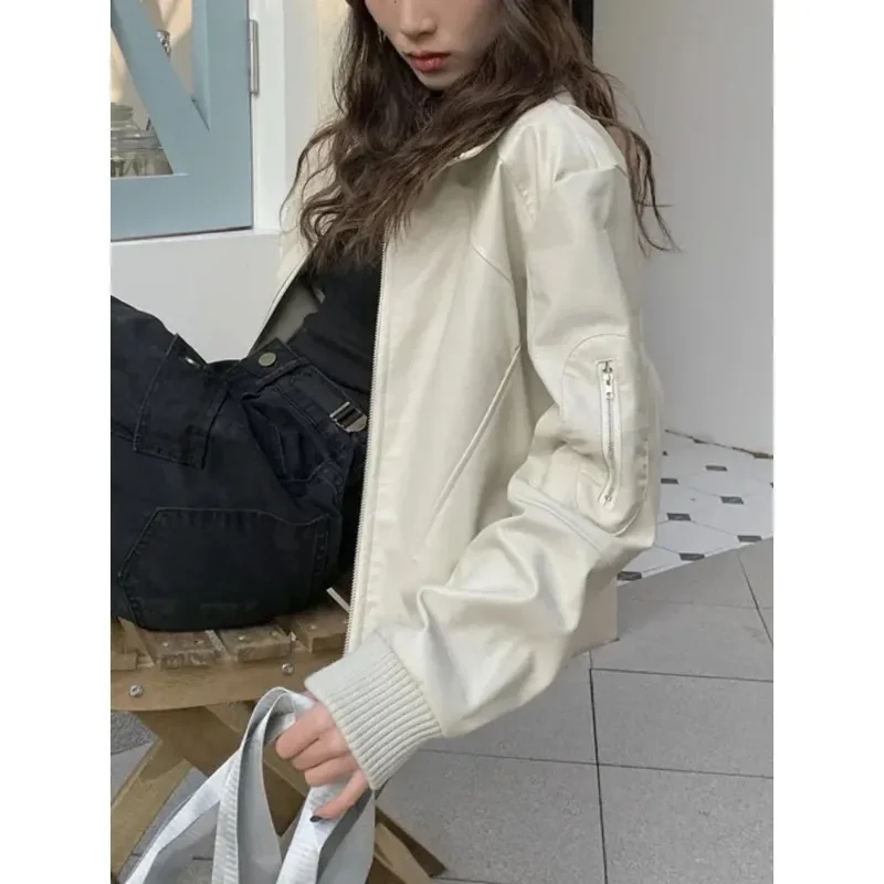 Chaquetas de cuero PU con cremallera y cuello levantado para Mujer, Chaquetas informales holgadas para Moto, Chaqueta de manga larga para Mujer, abrigos para otoño 2024