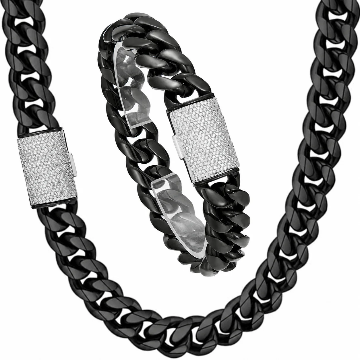 

1PC Hip Hop Bling Iced Out Stainless Steel 14mm Round Cuban Miami Link Chain Necklace for Men Rapper Jewelry Black Color