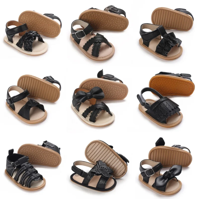 

Милые летние сандалии для малышей 0-18 месяцев с открытым носком, черные, в стиле принцессы, повседневные, с мягкой резиновой подошвой, нескользящие, для девочек
