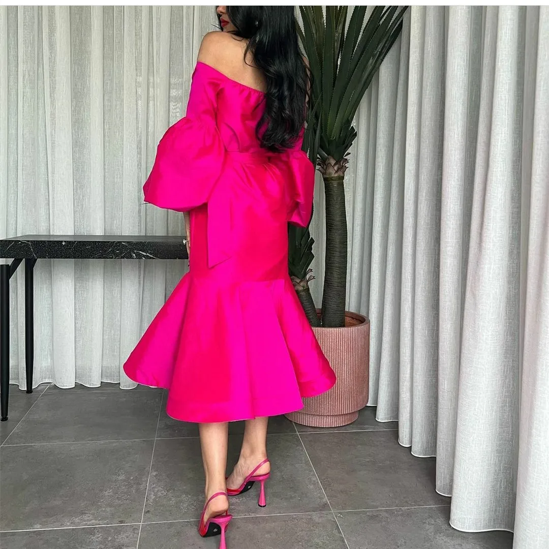 2023 Sexy Elegante Kurze Abendkleider Puffy Sleeve Mermaid Fuchsia Tee LengthRuffle Prom Kleider Für Frauen فساتين السهرة 2022