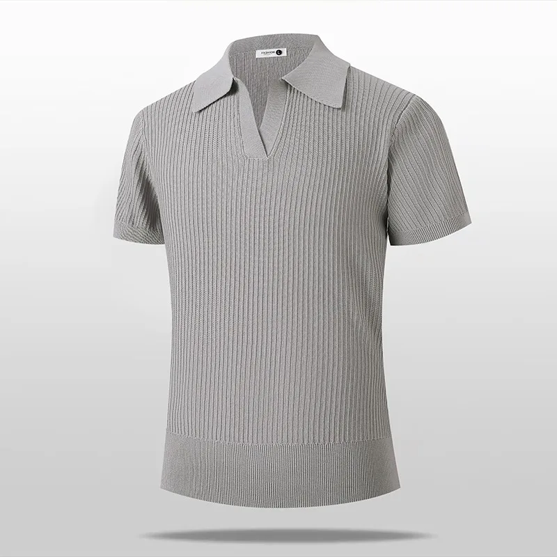 Men's Old Money Style Ice Silk Knitted Polo Shirt Seagull V Neck Short Sleeve Summer Thin Cuffed Casual Top