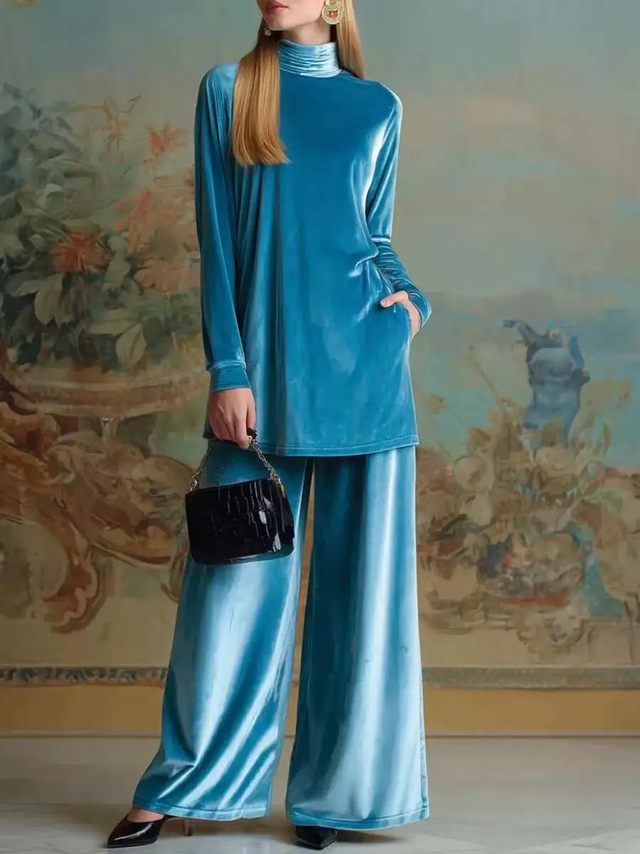 Europäisch-Amerikanisches Herbst-Winter-Set aus Samt: Locker geschnittenes Rollkragen-Oberteil mit Schlitz und weit geschnittene Hose mit Taschen, zweiteiliges Outfit.