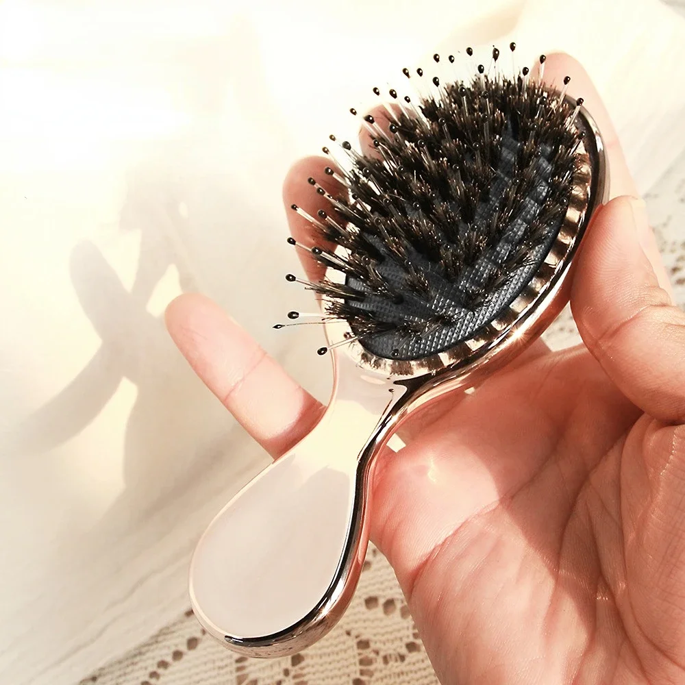 Mini escova oval de cabelo para mulheres, cor dourada e prateada, antiestática, cabeleireiro, pente de massagem, menina