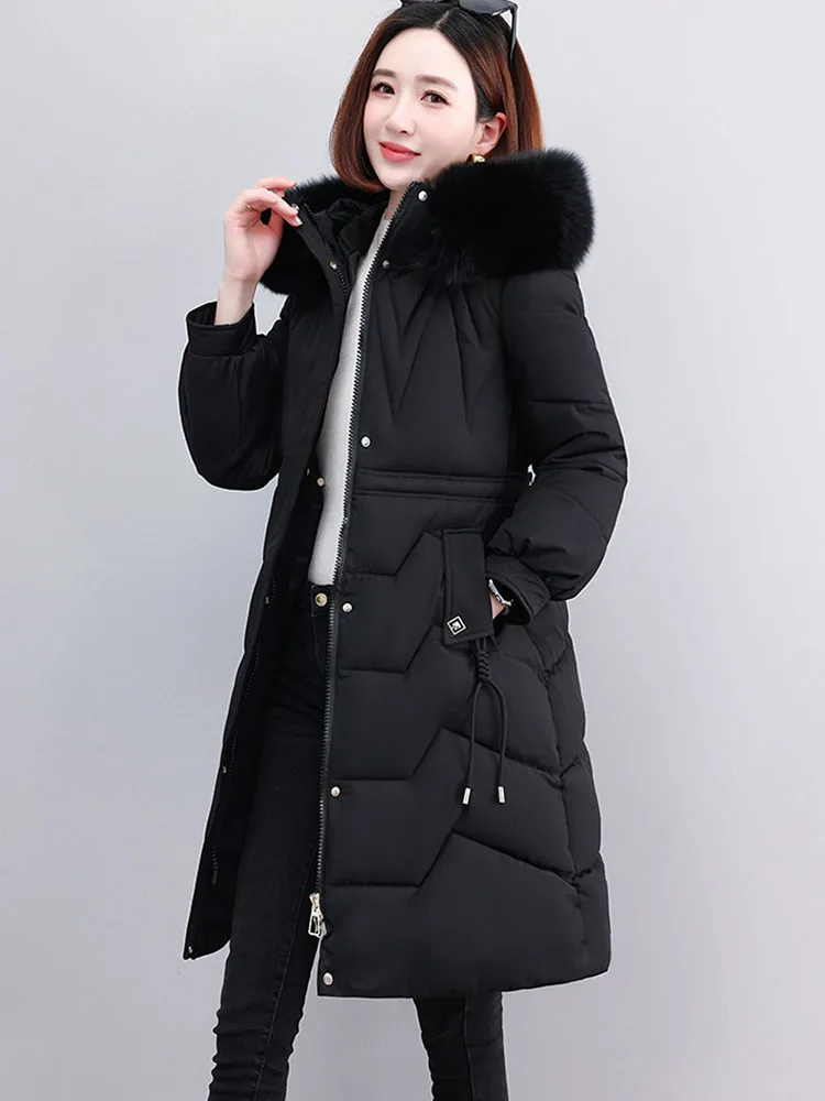 2023 Fashion Long Overcoat Women Winter Down Cotton-padded Jacket Slim Coat Hooded Fur Collar Outwear Female Thicken Warm Parkas