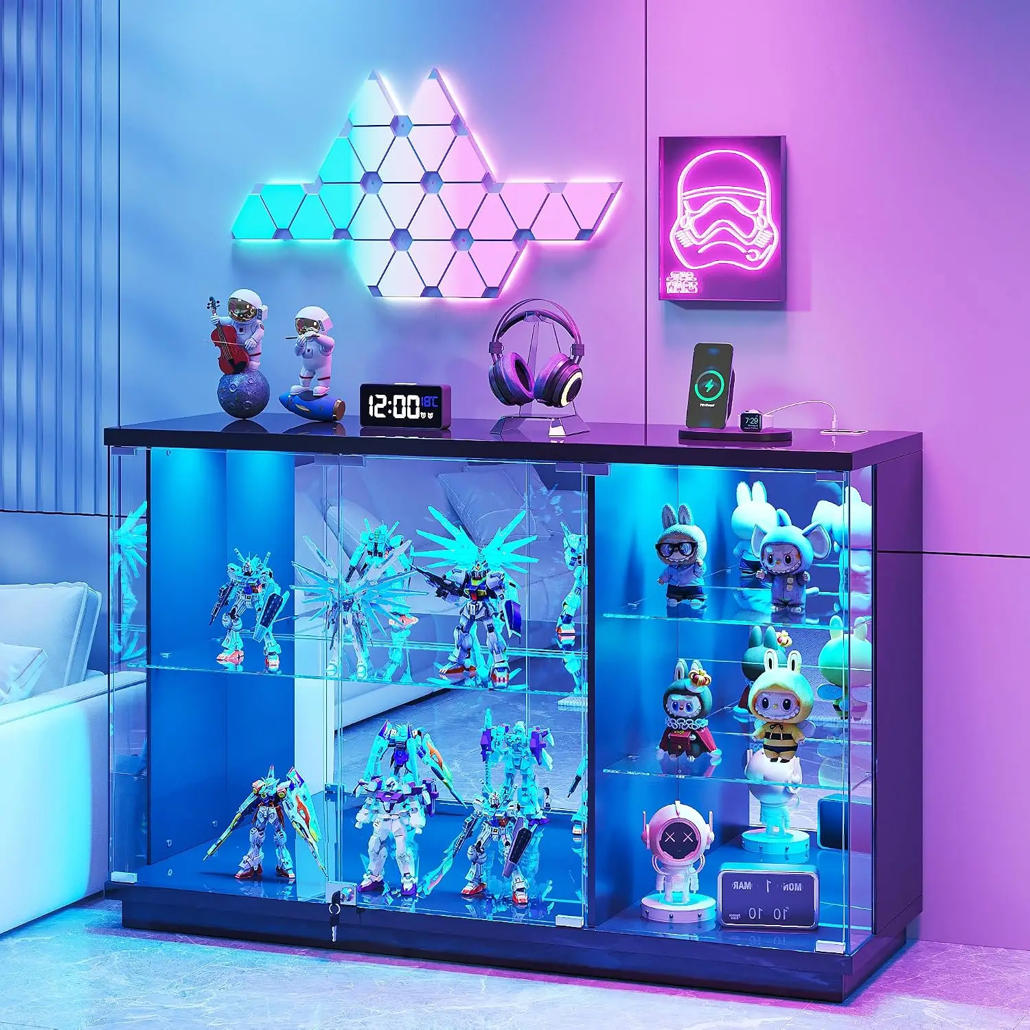 High Gloss Glass Display Cabinet with LED Light for Toys, Black, Customized