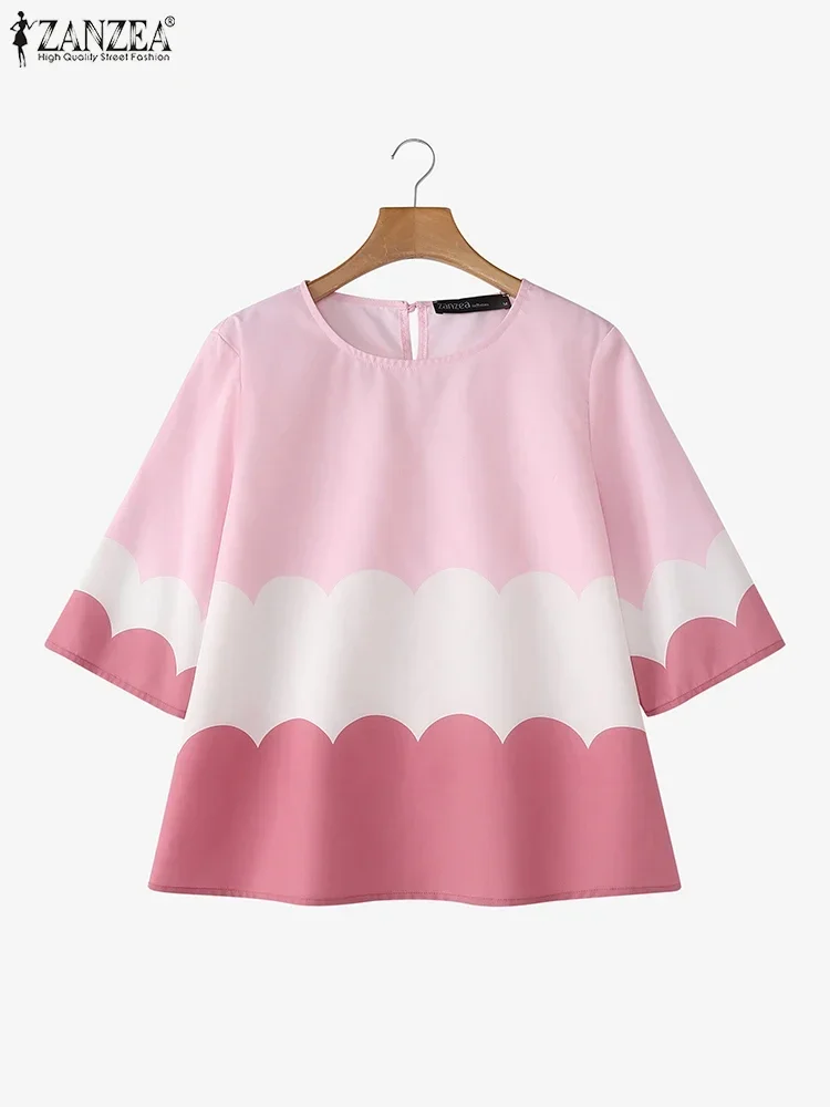 ZANZEA 2025 Summer Women Blouses Fashion Vintage Casual Short Sleeve Colorblock Blusas Tunics Casual O-neck Tops Streetwear