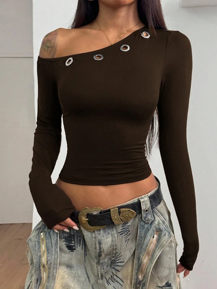 

FDYOUI женские футболки с диагональным воротником нестандартной формы, женские тонкие укороченные топы с длинными рукавами, черно-коричневая футболка, уличная одежда