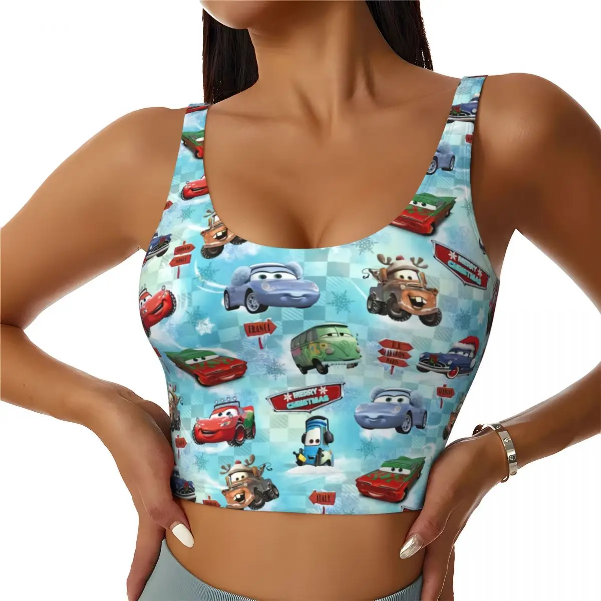 

Custom Women Lightning McQueen Car Anime Sports Bras High Impact Gym Workout Running Crop Tank Tops