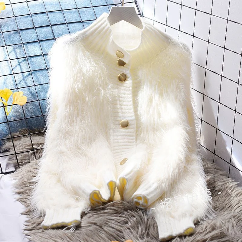 Female New High-end Temperament Thick Loose Fur Knitted Jacket 2024 Autumn Spring Women\'s Mink High Neck Sweater Casual Cardigan