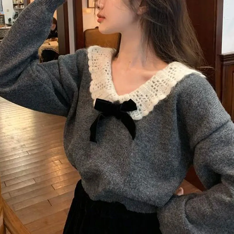 Sweet Doll Collar Stylish Bow Sweaters Female Clothing Korean Loose Autumn Winter Long Sleeve Casual Solid Color Knitted Jumpers