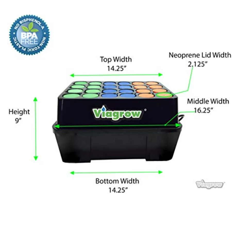Indoor/Outdoor Aeroponic Hydroponic System, 24-Site, Black Plastic Round Design with Lid and Collar Inserts, Durable Weather-Re