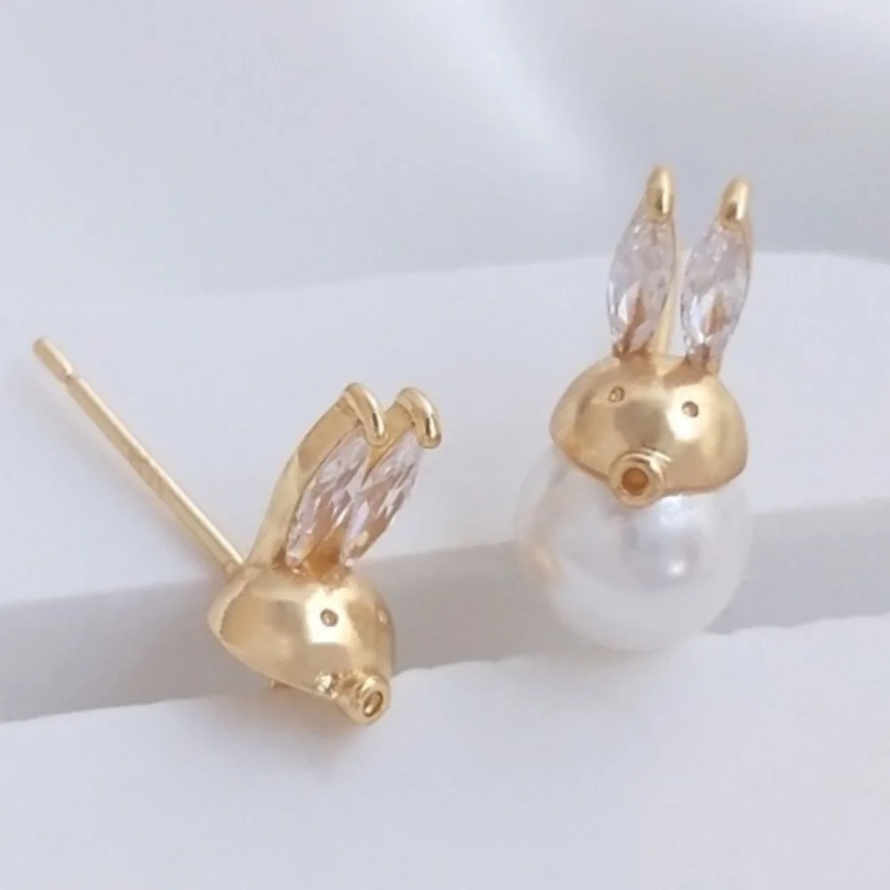 

Copper 14K Gold Color Cute Rabbit Zircon Rabbit Head Half Hole Bead Stud Earrings DIY Earrings Accessories Material