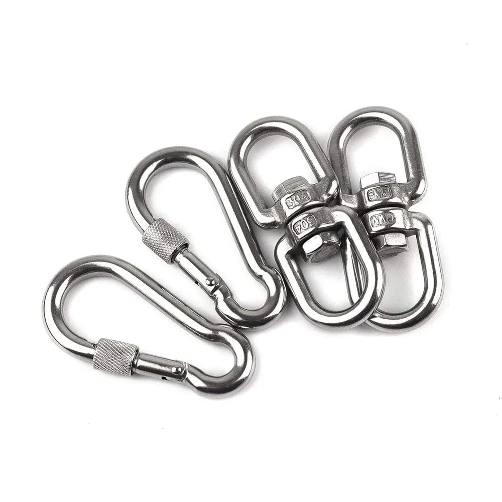 2PCS M8 304 Stainless Swivel Ring Double Ended Swivel Eye Hook 2Pcs M8 Carabiner for Marine Mooring Hanging Rotating Device